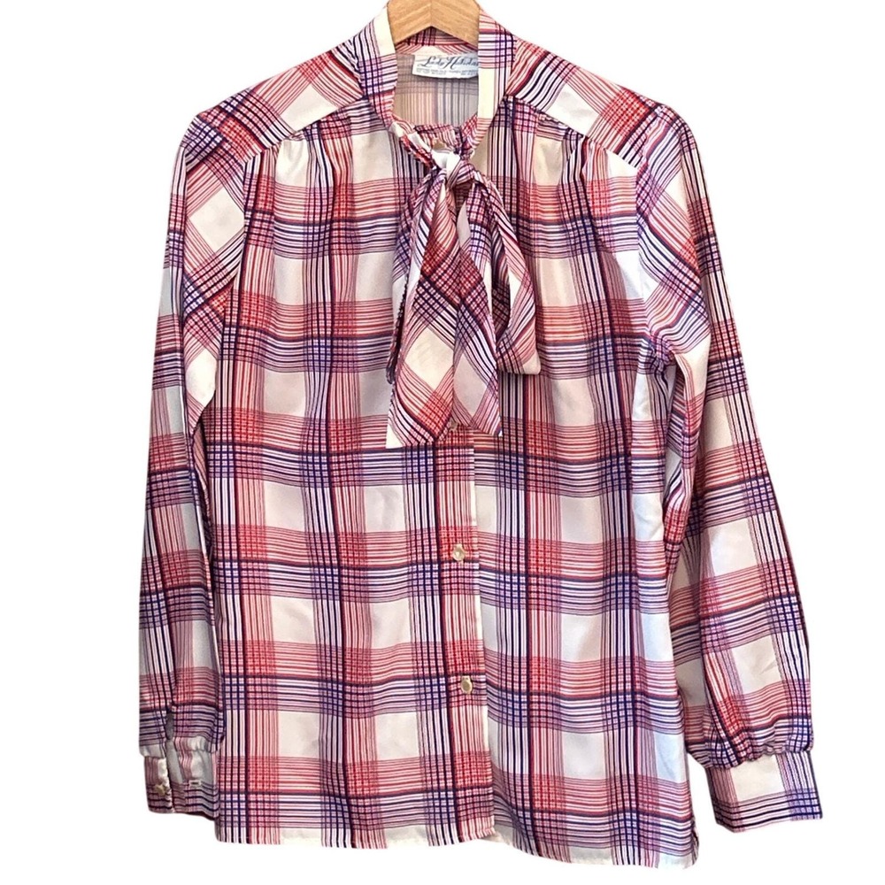 70s Lady Holiday Plaid Blouse Tie Neck Secretary Americana Retro Preppy Red Blue